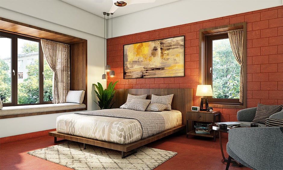 Bedroom with rustic terracotta floor tiles