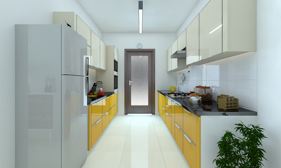 A modern kitchen cabinet handle design with profile wardrobe grips and a pull-top extension provides sleek access.