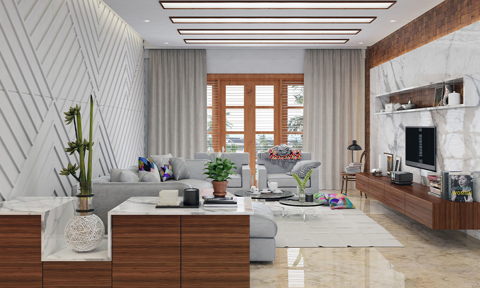Rustic wooden sliding door with a white grill, balancing bold wood tones with soft beige interiors