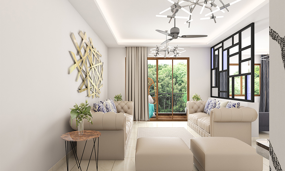 Sleek and small wooden sliding door offering a minimalist touch to modern living room decor
