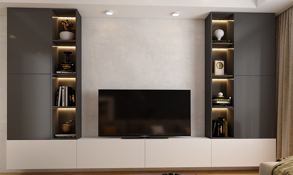 Stylish wall almirah design for living room with ample storage and seamless tv integration