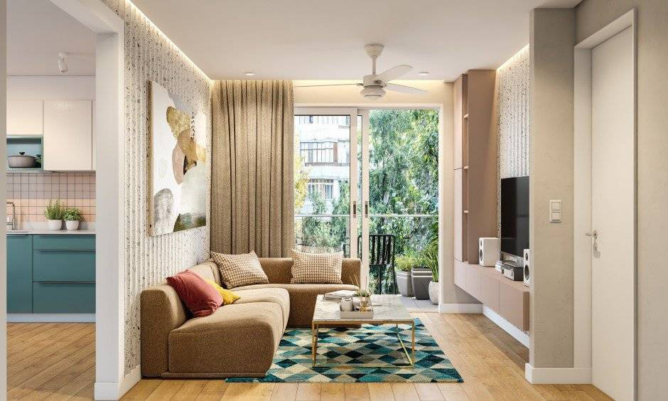 White-coated wooden sliding door visually dividing the balcony and living area in a compact home
