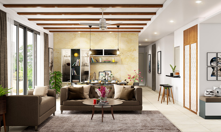 Wooden glass sliding door enhancing a spacious living room with natural light and bold decor elements