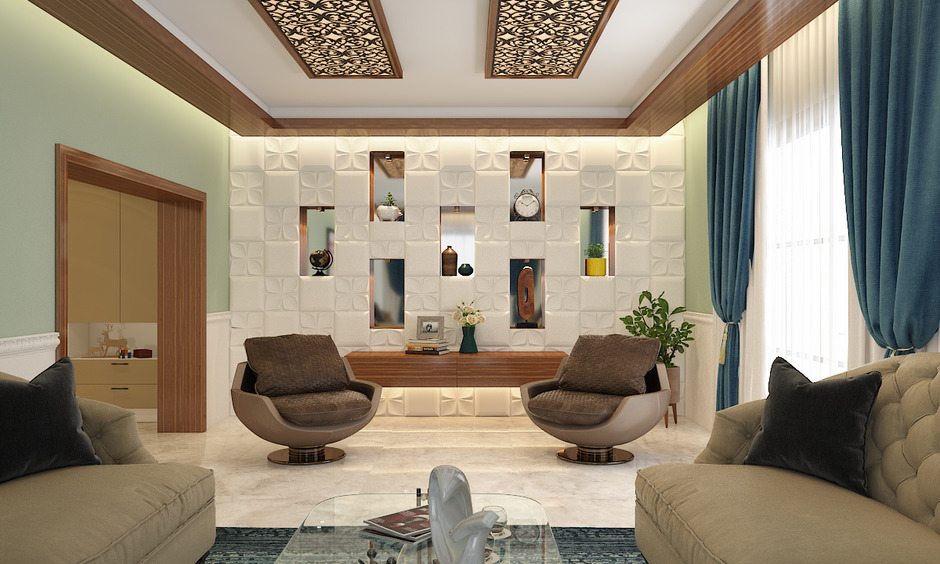 3D ceramic wall tiles with alternating floral motifs and raised textures in a stylish hall.