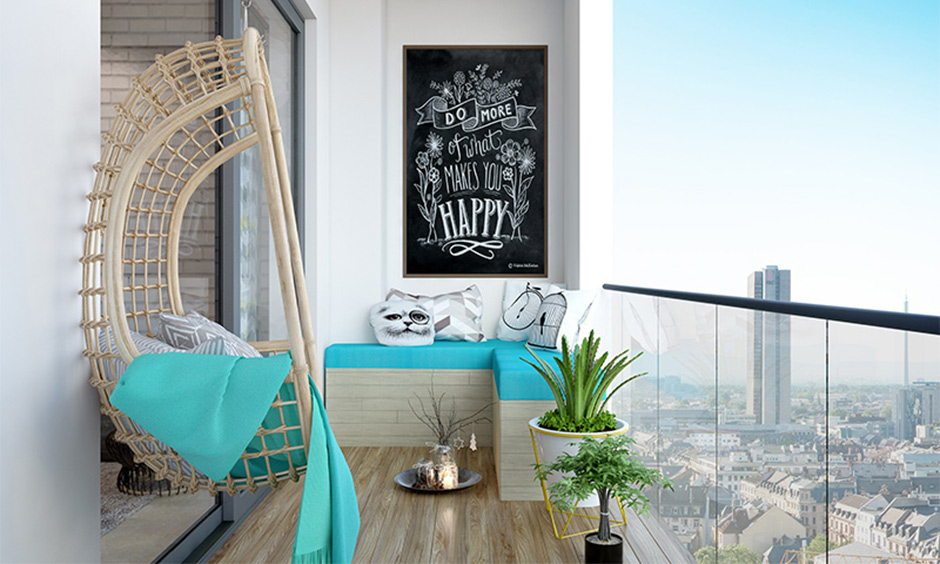 Swing with L-shaped bench in a compact outdoor space, offering cosy seating with a scenic view.