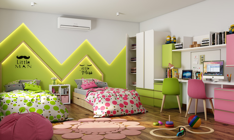 Luxury children's bedroom furniture includes twin beds, a built-in wardrobe, and a study unit for creativity.