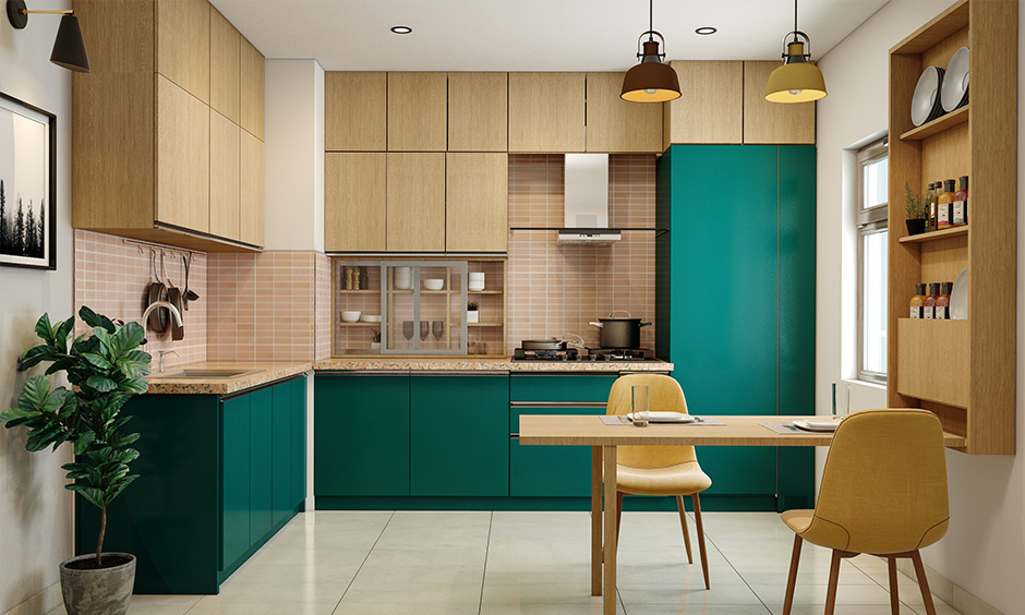 A modern kitchen with a sophisticated beige and dark teal combo
