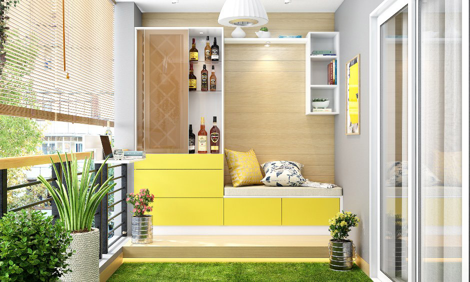 Compact bench with built-in mini bar, perfect for small outdoor spaces with a stylish and functional design.