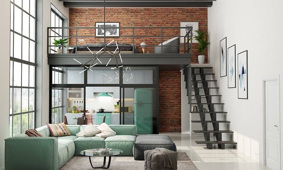 An eclectic loft living room with abstract wall art, pendant lighting, and stylish furniture for a luxurious feel.
