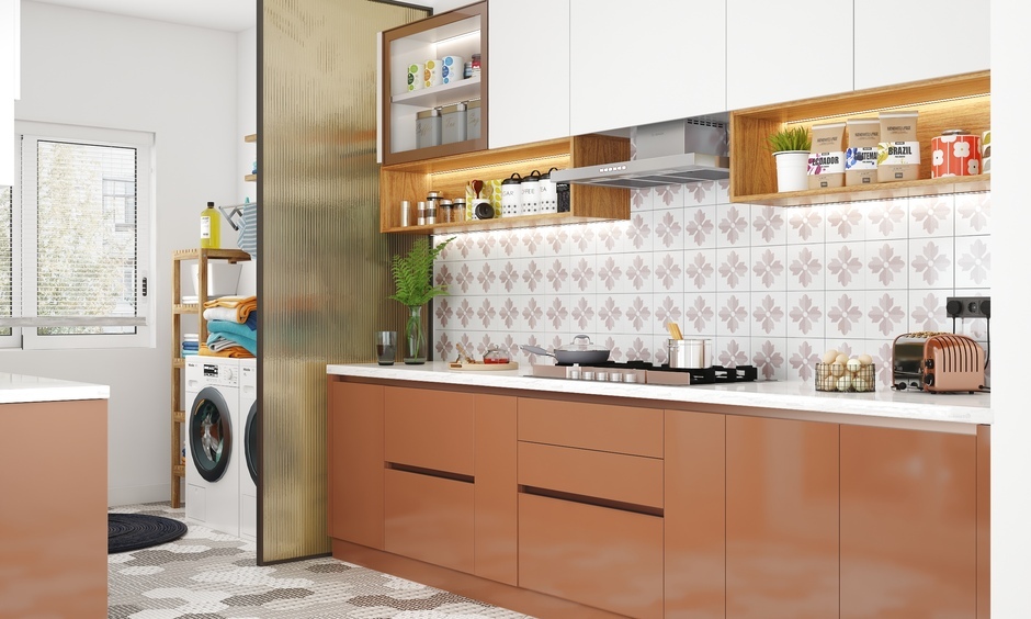 Fluted glass partition in the kitchen separating the utility area while maintaining a stylish and airy look.