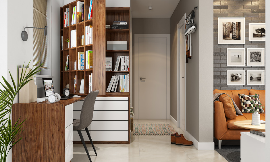 Home office with a folding bookshelf and desk combination, providing extra workspace and storage in a compact design.