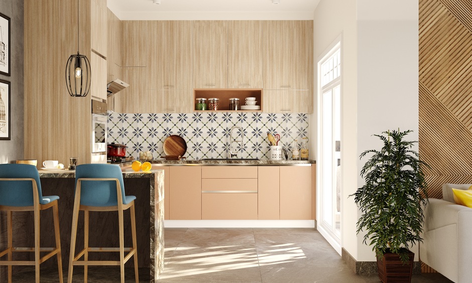 Warm kitchen interior in Mocha Mousse Pantone with marble countertops and indoor plants.