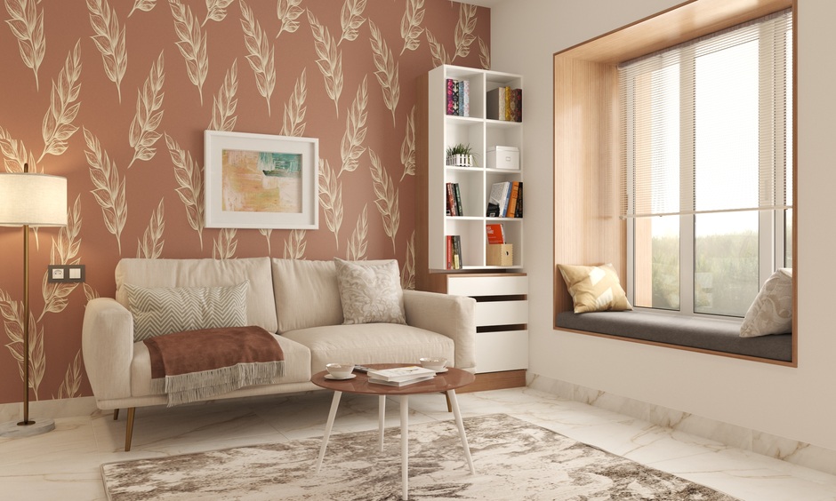 Luxurious living room interior in the Pantone colour Mocha Mousse with elegant furnishings and decor.