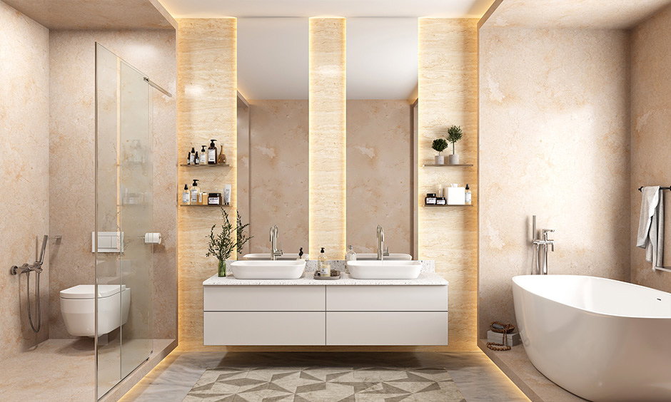 Bathroom glass design includes a frameless sliding door that elegantly separates the bathing areas.