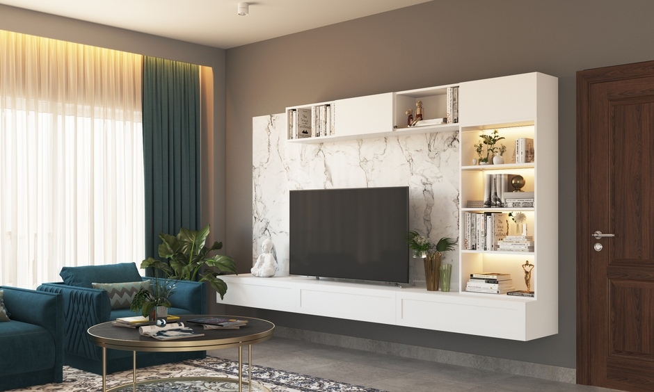 Stone laminate replicating natural textures, adding an earthy touch to tables and walls.
