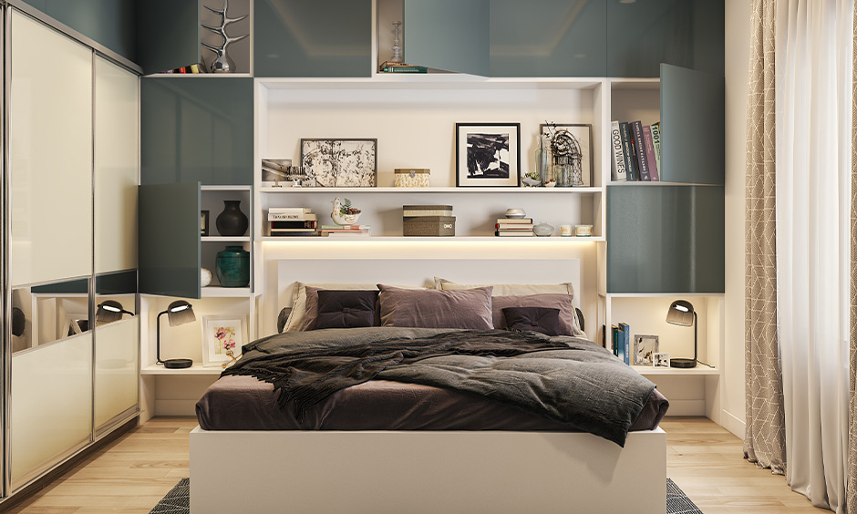 A strip of mirror on the sliding wardrobe adds subtle elegance while maintaining a minimalist design.