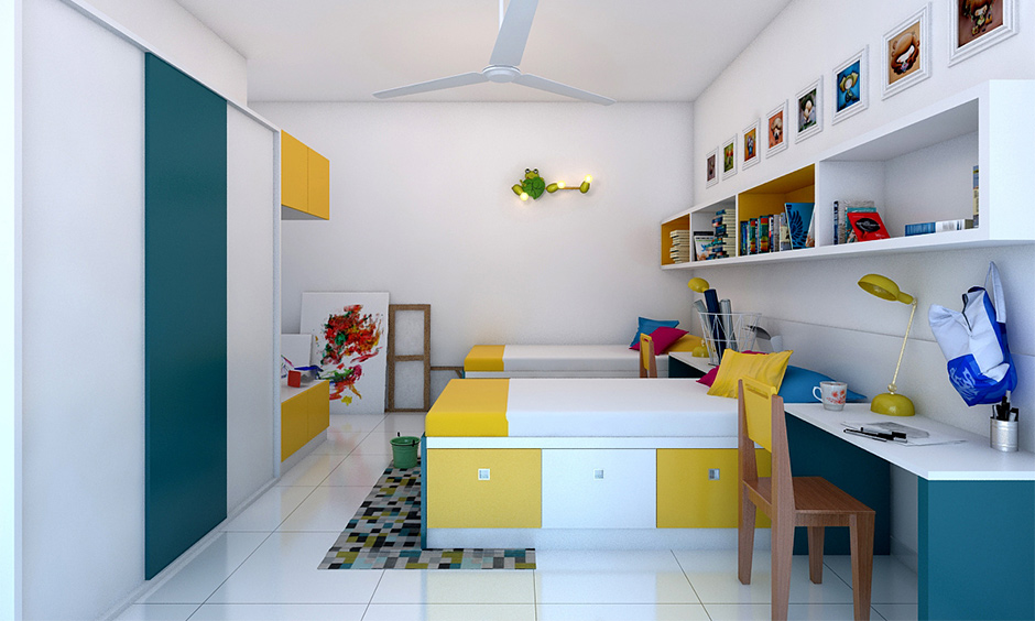 A playful and vibrant kids' room with yellow and teal hues