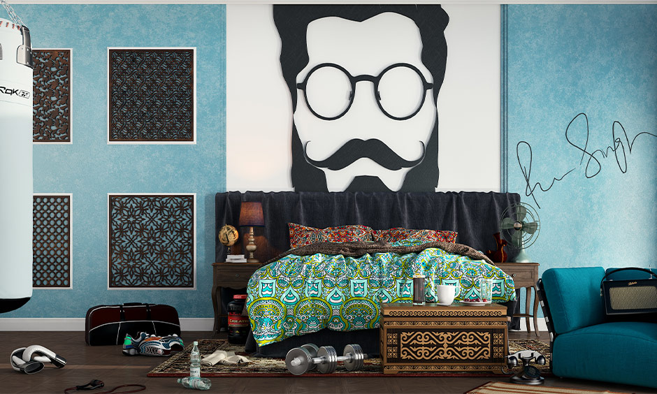 A luxurious bachelor pad with rich teal-blue tones