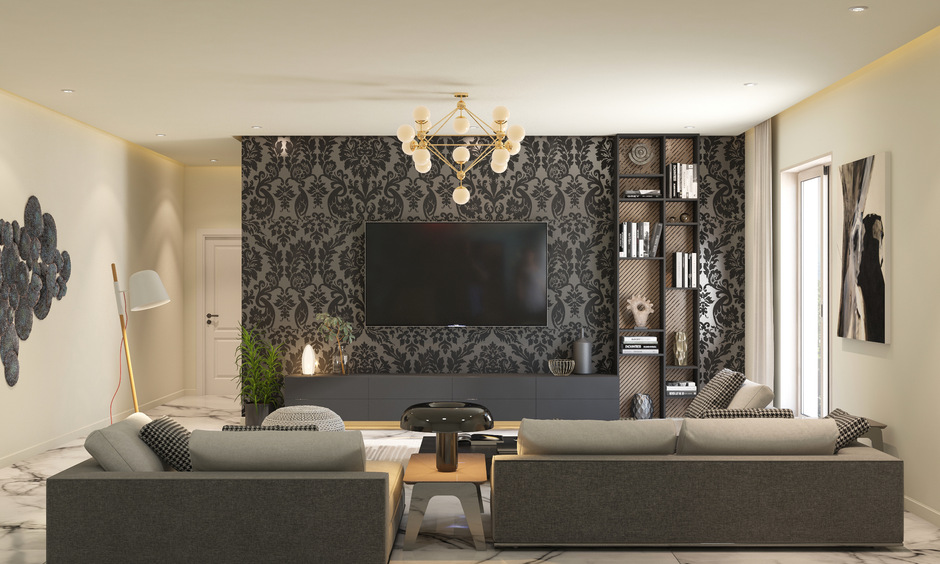 Victorian wall decor includes bold black damask wallpaper, intricate mouldings, and framed paintings for an elegant design.