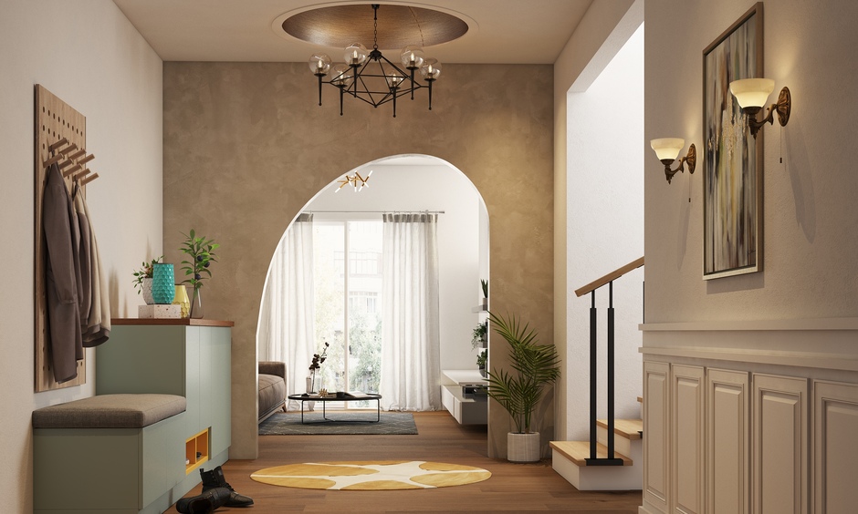 A contemporary pop arch featuring abstract curves in the foyer, creating a unique and elegant entryway.
