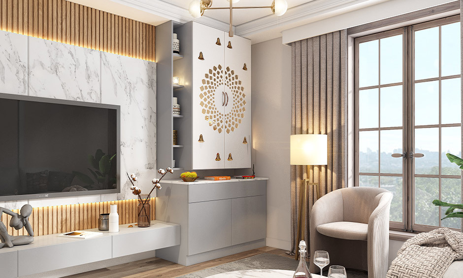 Various materials for durable pooja unit, including wood, glass, PVC, marble, and metal finishes.