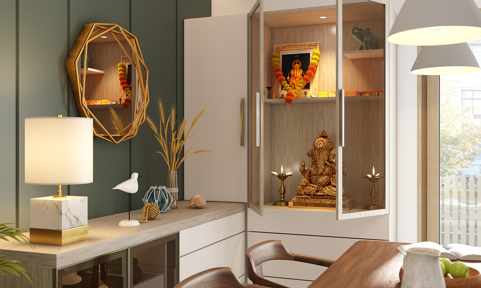 Modern white living room pooja room with tinted glass shelves and soft lighting.