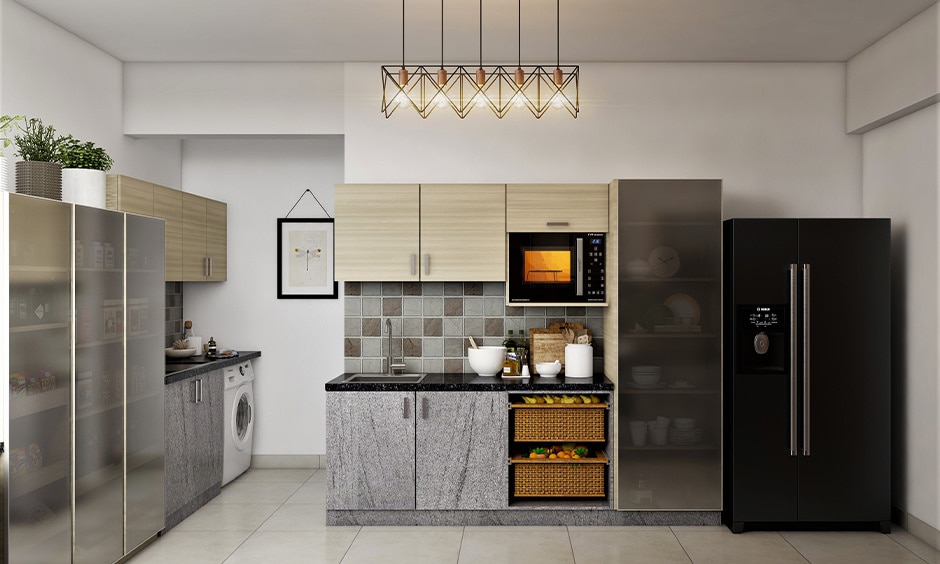 Greyish black glass crockery unit adds bold elegance and privacy while complementing kitchen decor.