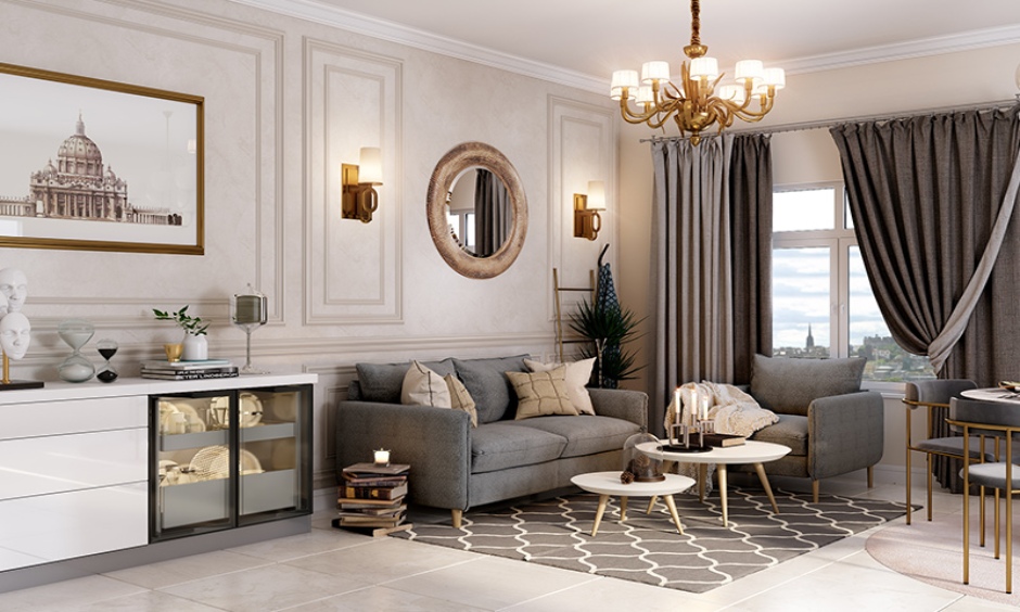Bespoke furniture and curated décor including bar units, bookshelves, and statement art