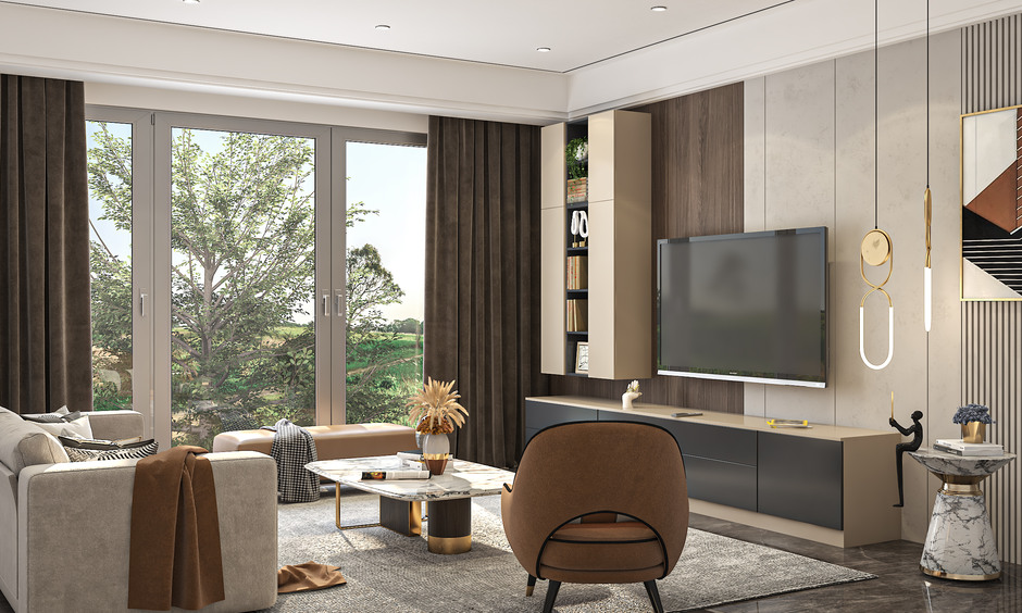 A high-end drawing room with floor-to-ceiling windows framed by luxurious drapes and sheer curtains.