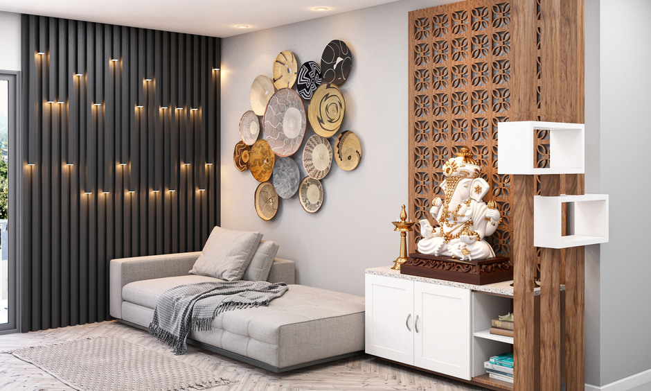 Luxury pooja room with an open unit, seamlessly integrated into the home's interior design.