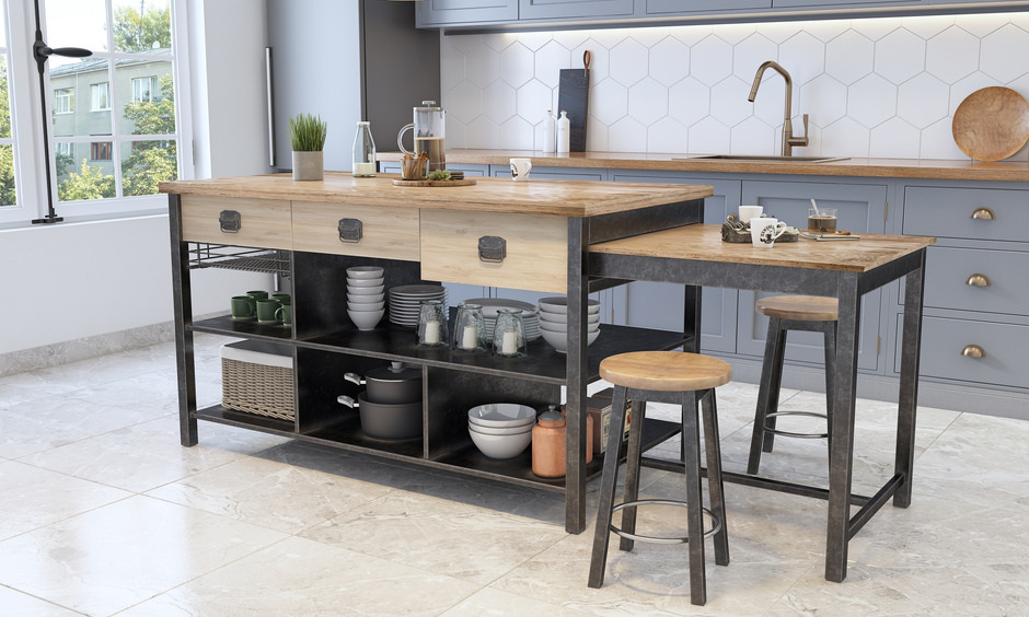 Versatile kitchen trolley that easily converts into a dining table for space-saving convenience.