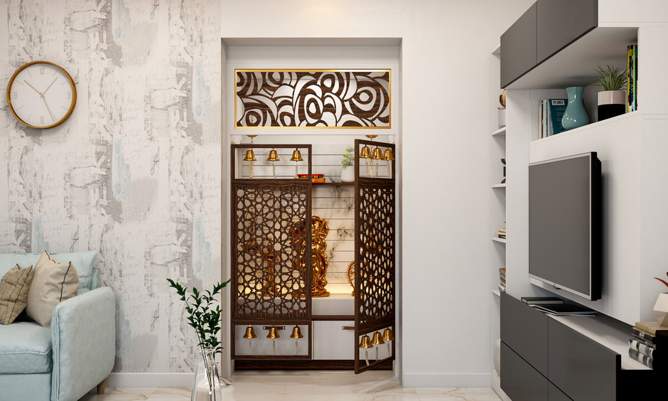 Living room pooja unit with floral engravings, adding charm and serenity to the decor.