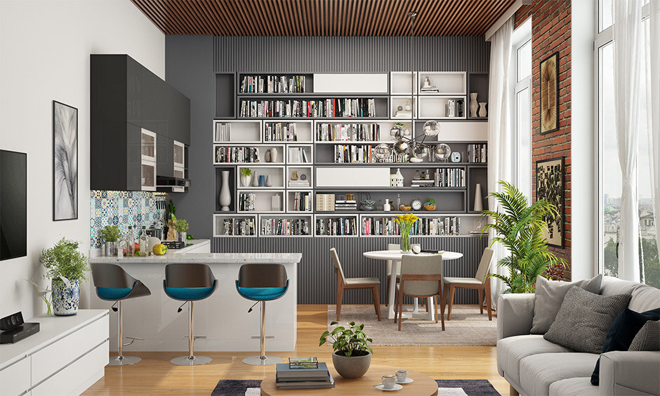 Loft apartment design with industrial, minimalist, bohemian, and modern luxury styles.