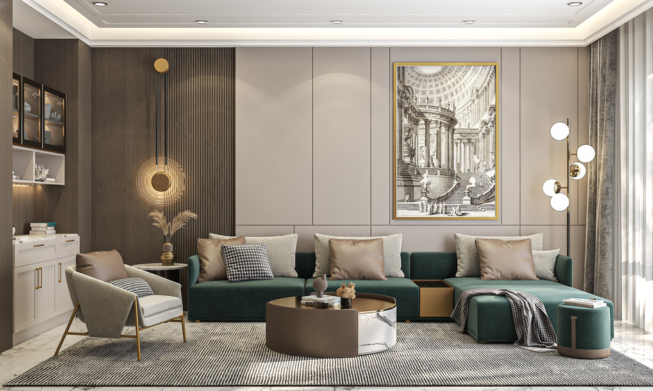 Luxury drawing room interior with plush velvet seating, bold accent chairs, and decorative cushions.