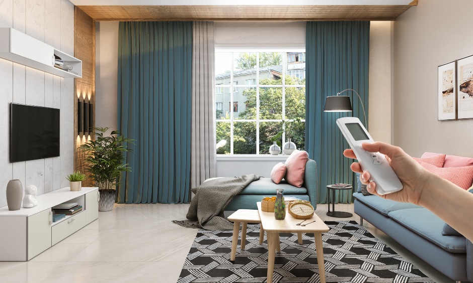A luxurious drawing room with smart home technology, featuring hidden speakers and automated curtains.