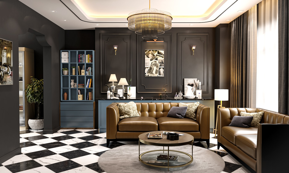 An elegant drawing room design with a crystal chandelier and stylish lighting for a glamorous ambience.