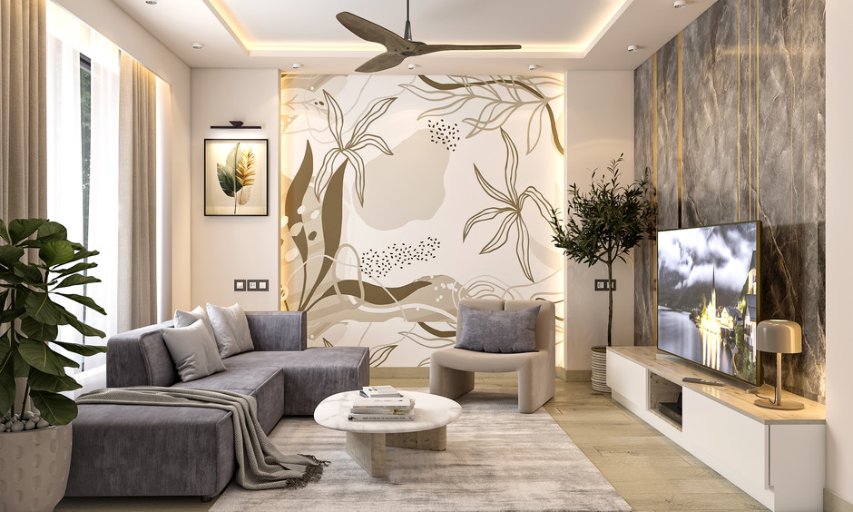 A modern luxury drawing room with an accent wall, featuring textured panels and stylish decor.