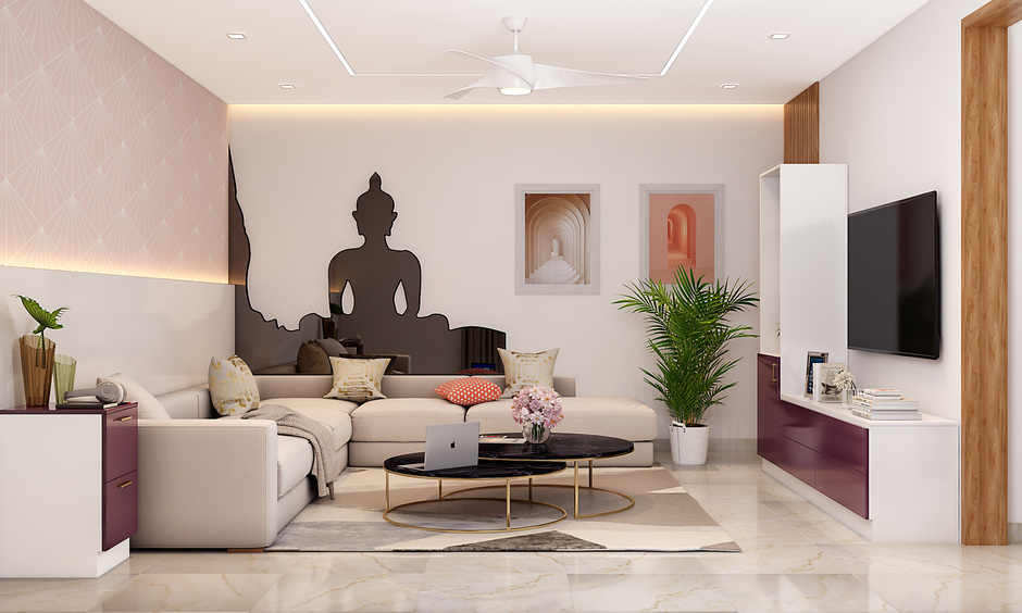 A modern luxury drawing room with oversized art, decorative mirrors, and a stylish gallery wall.