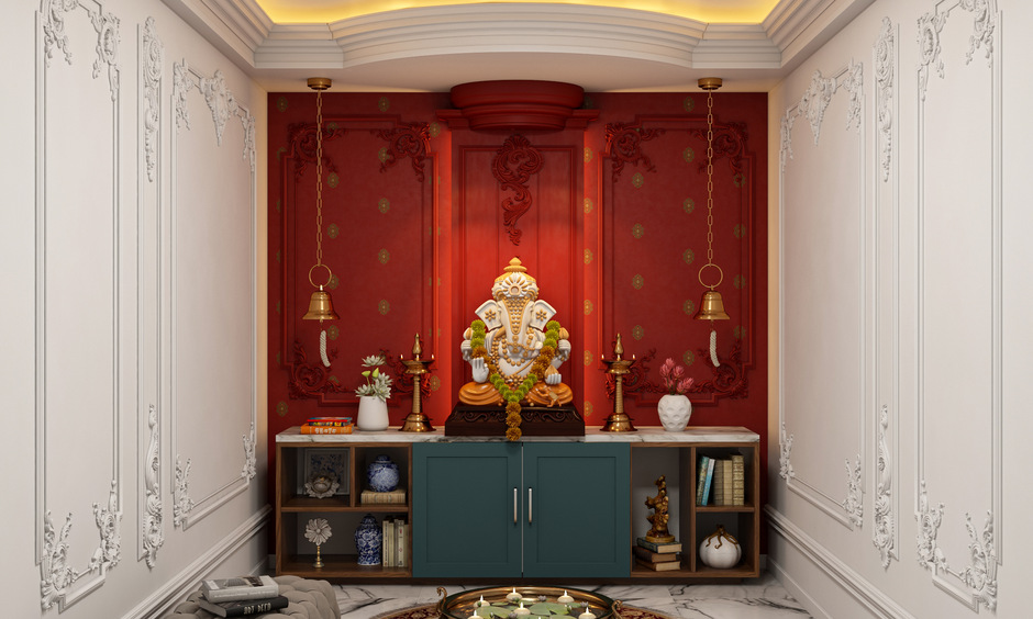Modern luxury pooja room with pocket doors, brass bells, backlit panels, and elegant mandir setup.