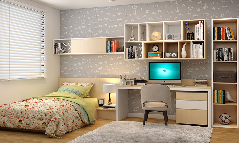 Modular bedroom design with a bed by the window and an attached study desk and shelves.