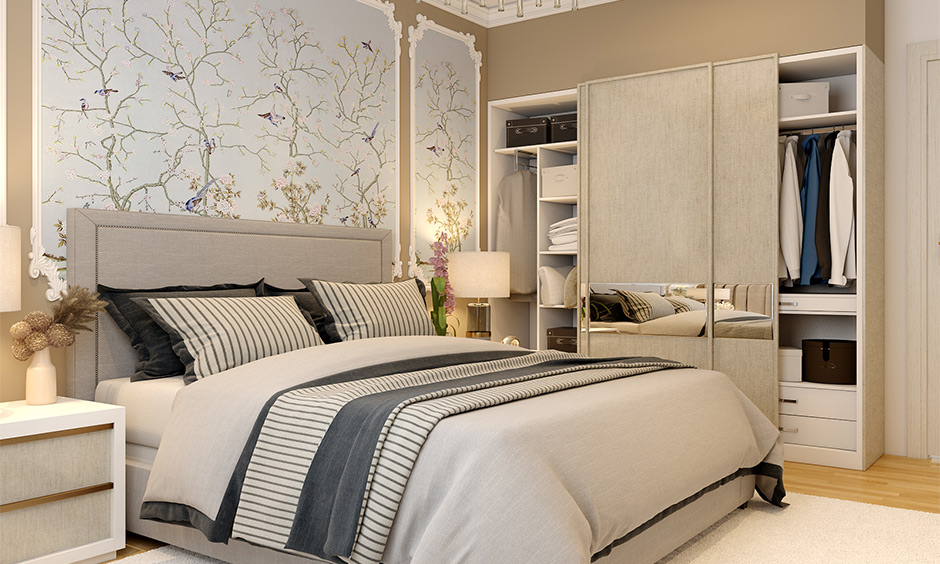 Modular bedroom storage wardrobe with sliding doors, adjustable shelves, and hanging rods.