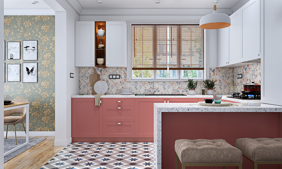 Kitchen with light pastel wall colour on upper cabinets and dark pastel base units for stylish contrast.