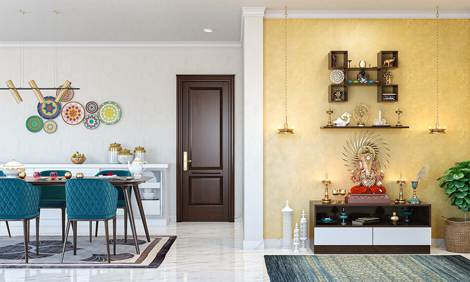 Durable living room pooja unit made from PVC, customisable to match decor with low maintenance required.