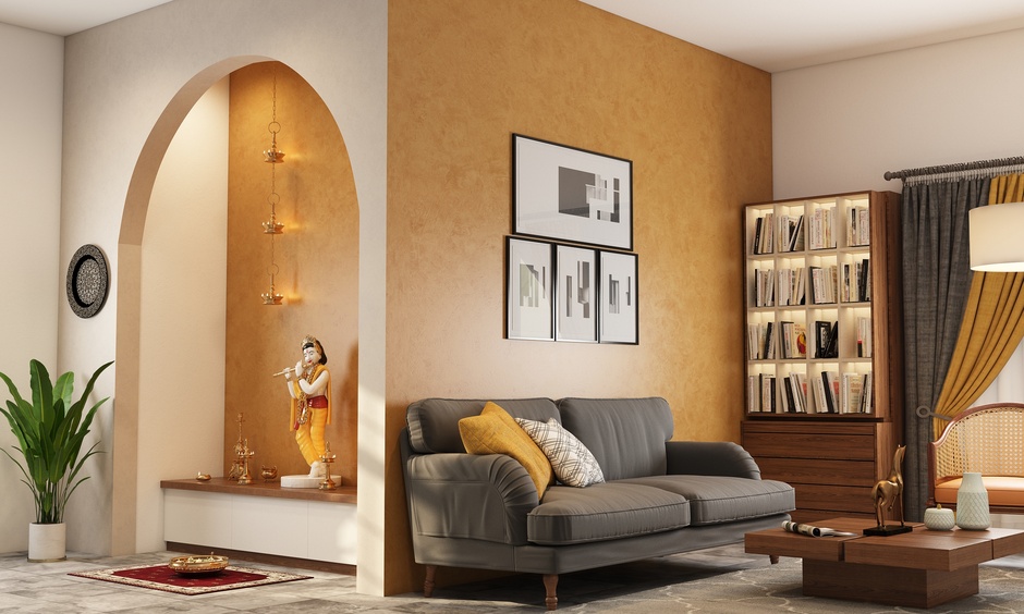 A traditional mandir arch design (POP) featuring intricate carvings and floral motifs for elegance.