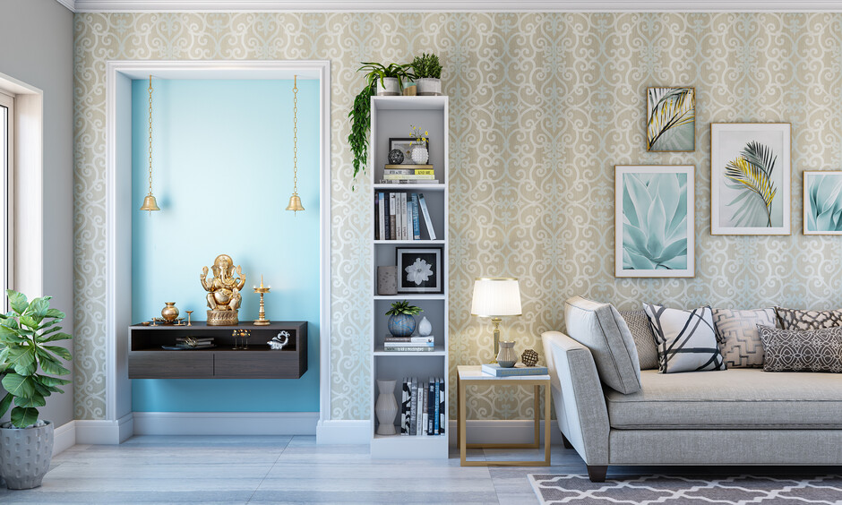 Vastu tips for placing pooja unit in living room, ideally in the northeast, clean and elevated.