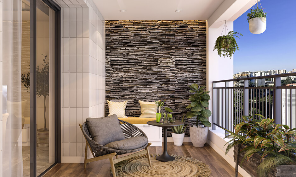 Weather-resistant balcony space with grey natural stone dado tiles
