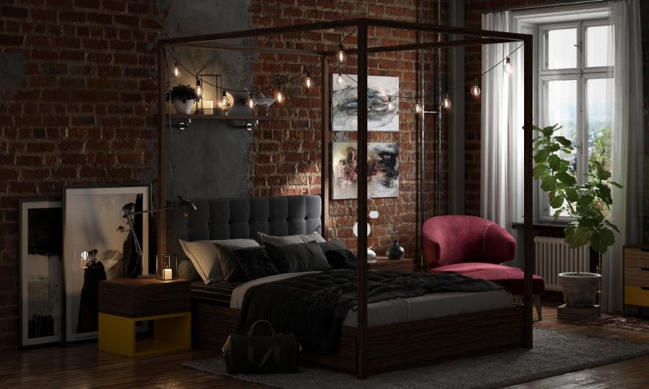 Bold black and red bedroom with textured walls and sheer white curtains for a sultry, romantic touch