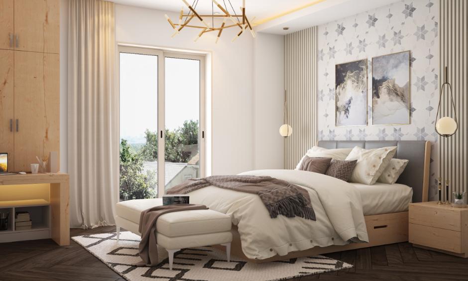 Modern bedroom featuring white floral wallpaper, neutral decor, and wooden furniture.