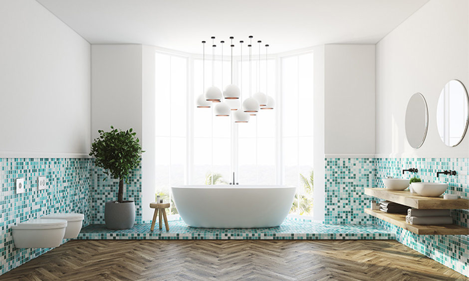 Fresh bathroom interior with protective dado tiles along the lower wall