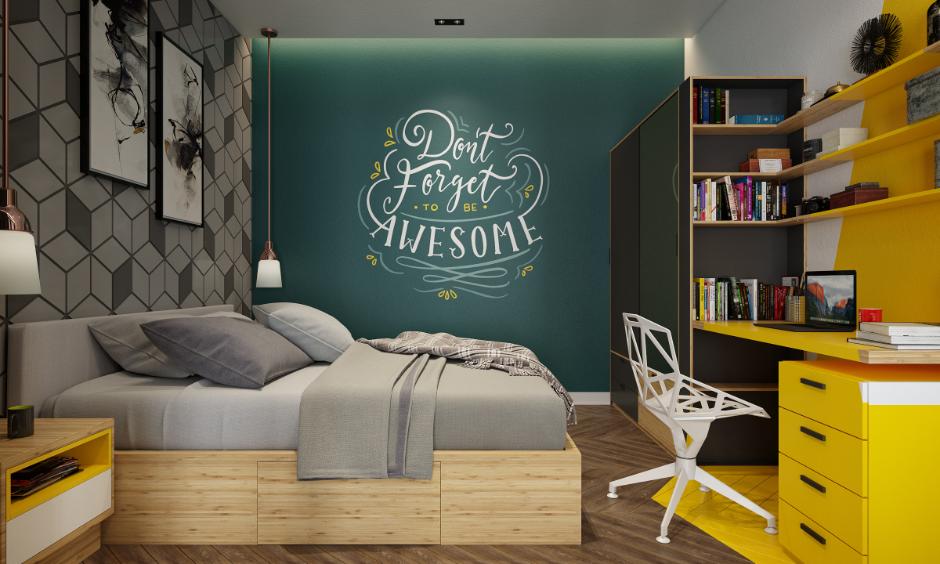Green bedroom design with a bold accent wall and functional storage.